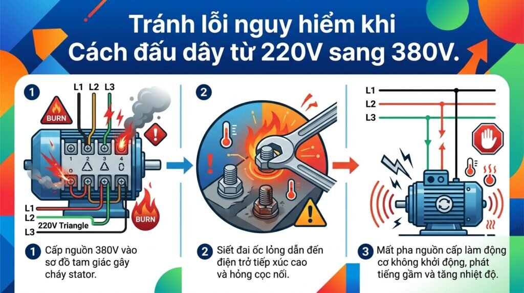 Tránh lỗi nguy hiểm khi Cách đấu dây từ 220V sang 380V.