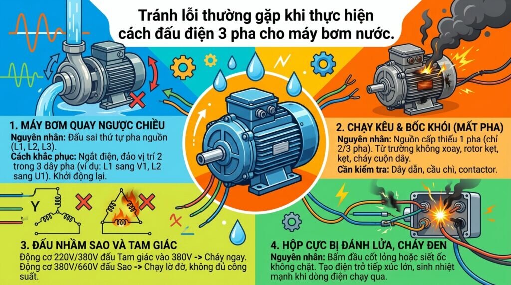 Tránh lỗi thường gặp khi thực hiện cách đấu điện 3 pha cho máy bơm nước.