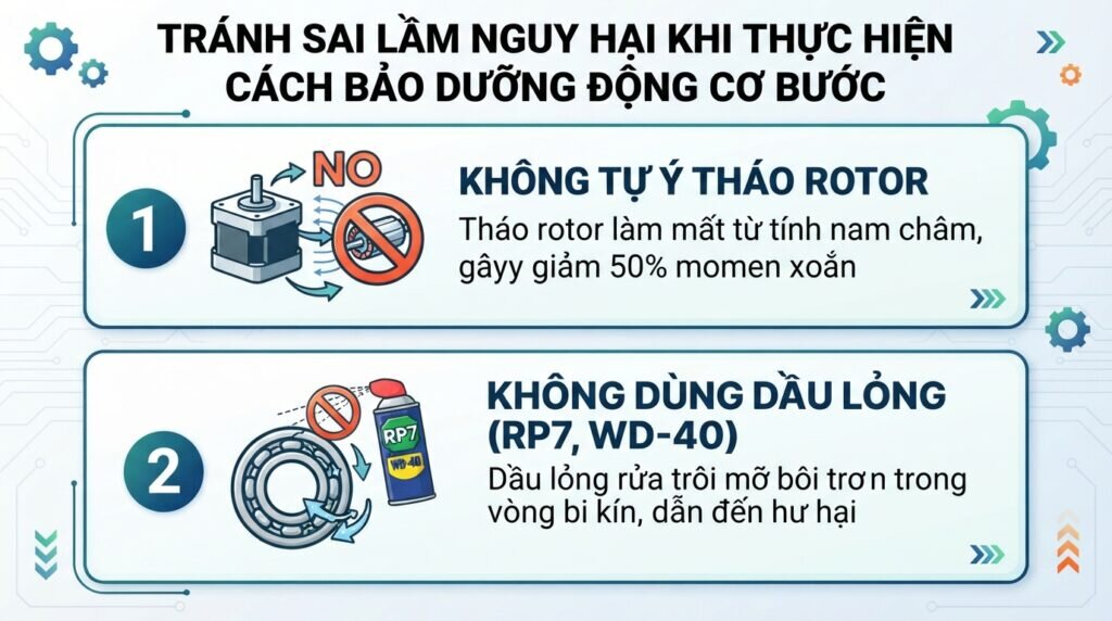 Tránh sai lầm nguy hại khi thực hiện cách bảo dưỡng động cơ bước.