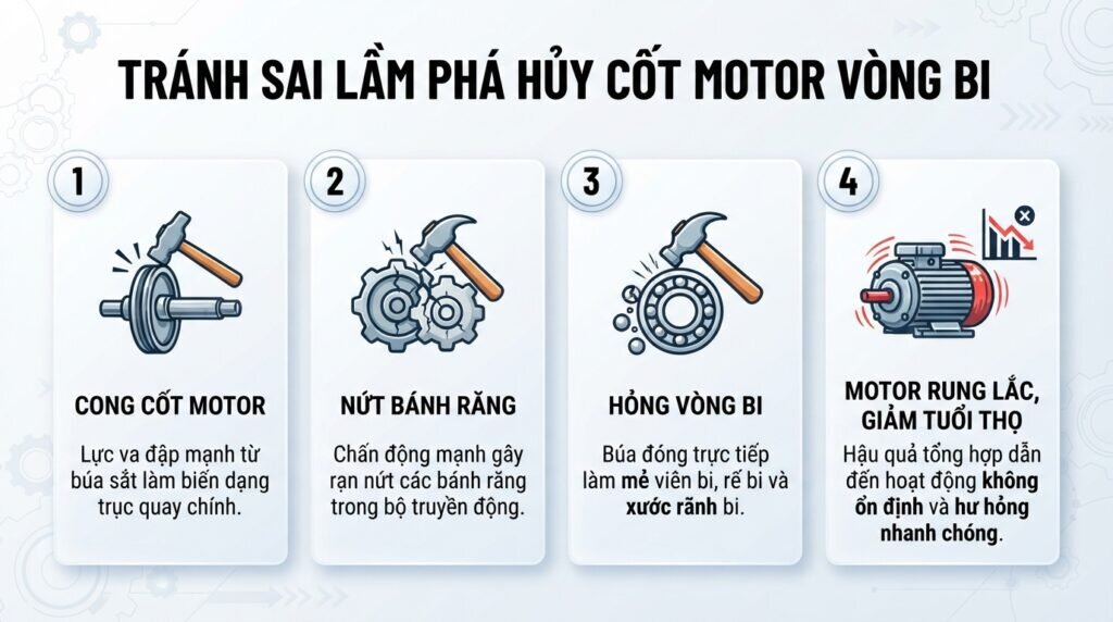 Tránh sai lầm phá hủy cốt motor và vòng bi.