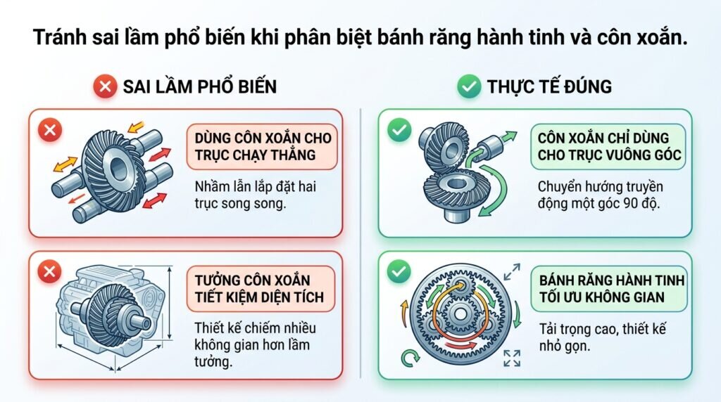 Tránh sai lầm phổ biến khi phân biệt bánh răng hành tinh và côn xoắn.
