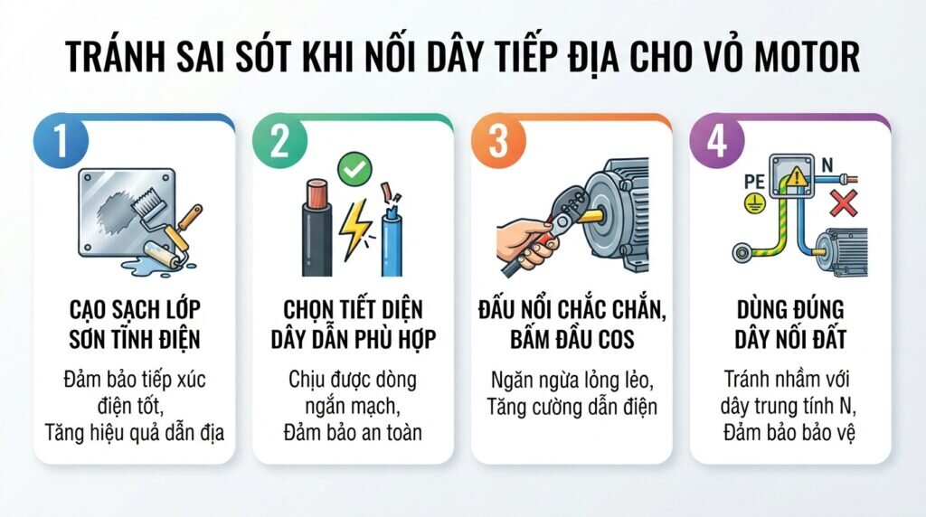 Tránh sai sót khi nối dây tiếp địa cho vỏ motor.