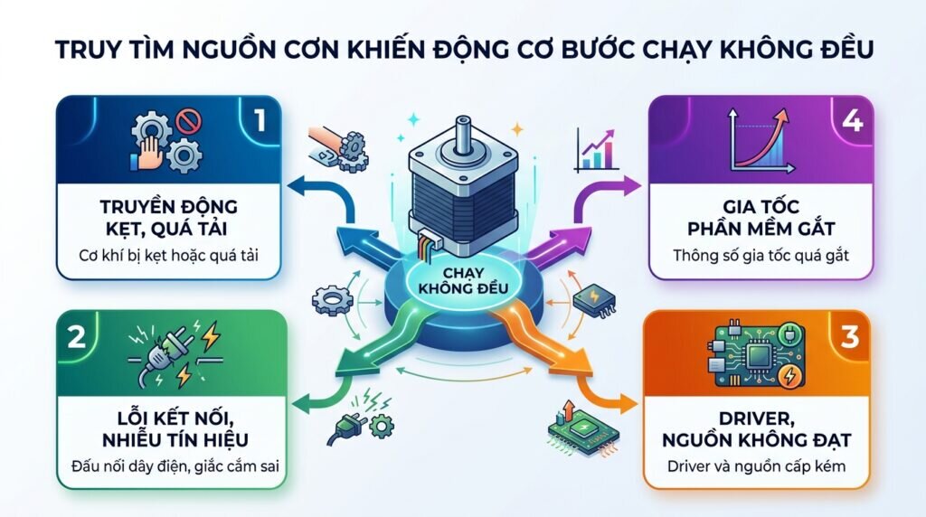 Truy tìm nguồn cơn khiến động cơ bước chạy không đều.