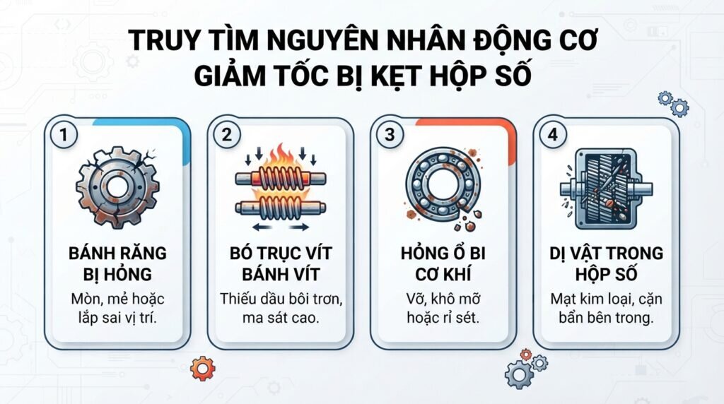 Truy tìm nguyên nhân động cơ giảm tốc bị kẹt hộp số.