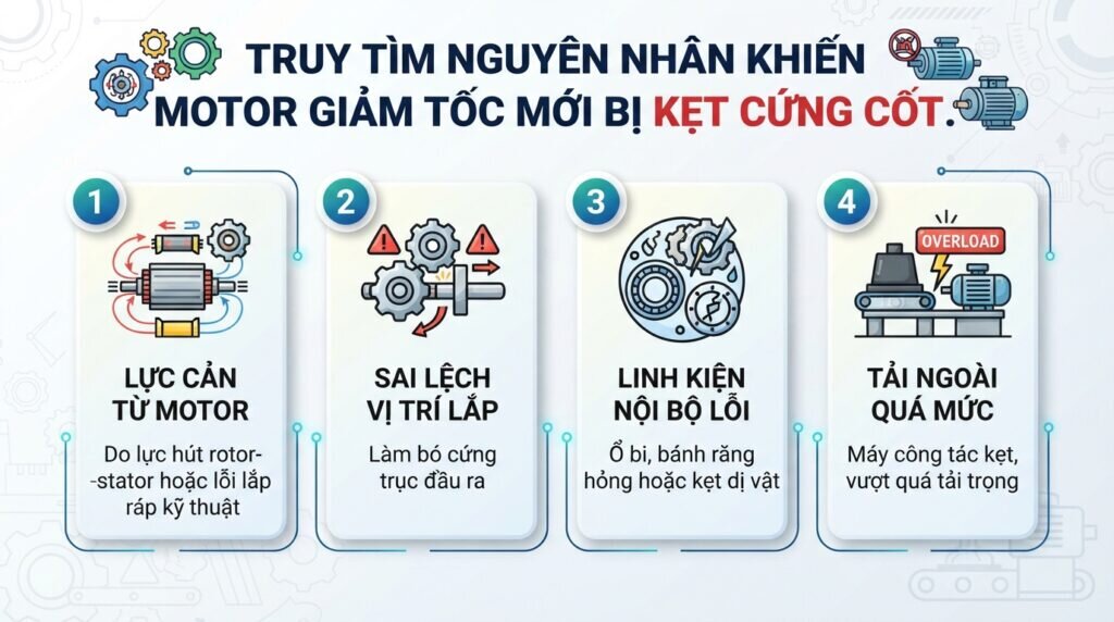 Truy tìm nguyên nhân khiến motor giảm tốc mới bị kẹt cứng cốt.