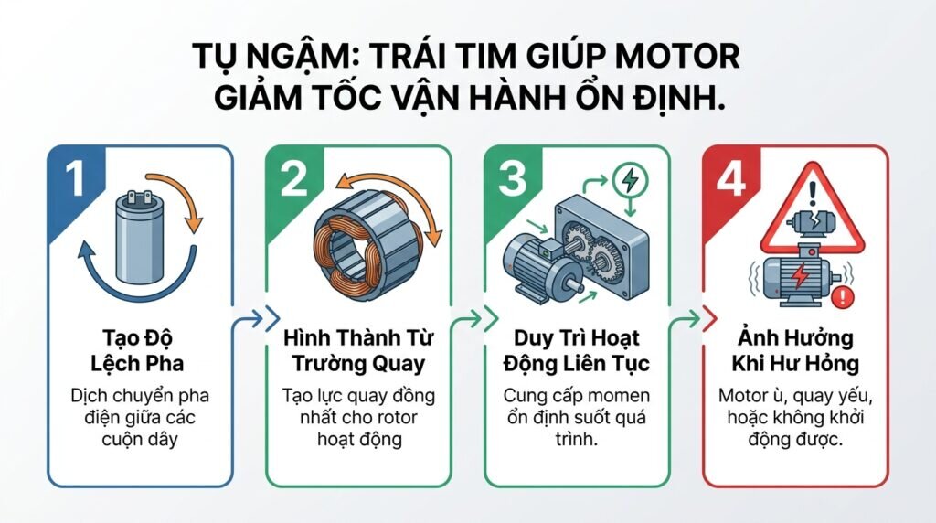 Tụ ngậm: trái tim giúp motor giảm tốc vận hành ổn định.