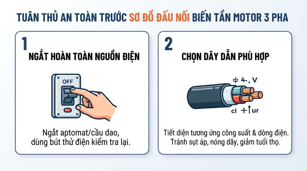 Tuân thủ an toàn trước sơ đồ đấu nối biến tần motor 3 pha.