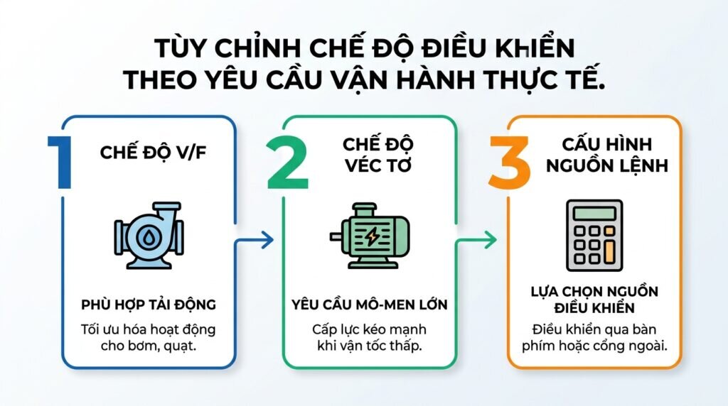 Tùy chỉnh chế độ điều khiển theo yêu cầu vận hành thực tế.