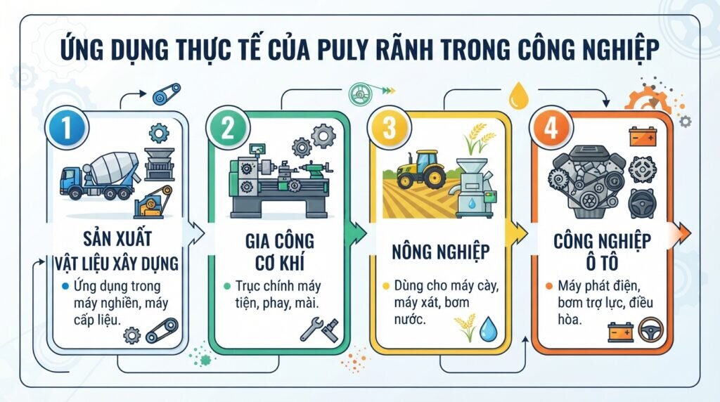 Ứng dụng thực tế của puly rãnh trong công nghiệp.