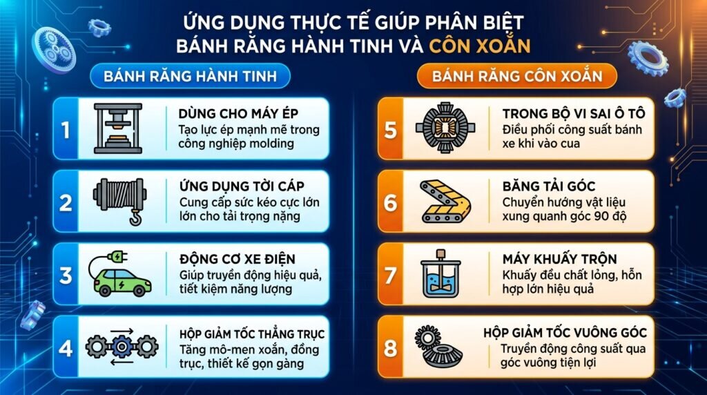 Ứng dụng thực tế giúp phân biệt bánh răng hành tinh và côn xoắn.