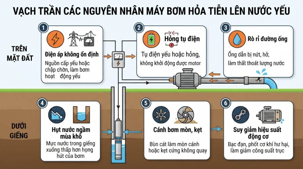 Vạch trần các nguyên nhân máy bơm hỏa tiễn lên nước yếu.