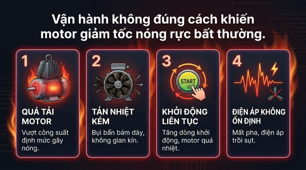 Vận hành không đúng cách khiến motor giảm tốc nóng rực bất thường.