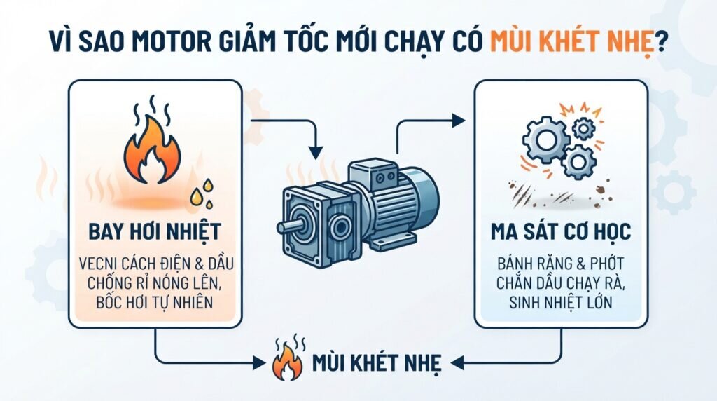 Vì sao motor giảm tốc mới chạy có mùi khét nhẹ?