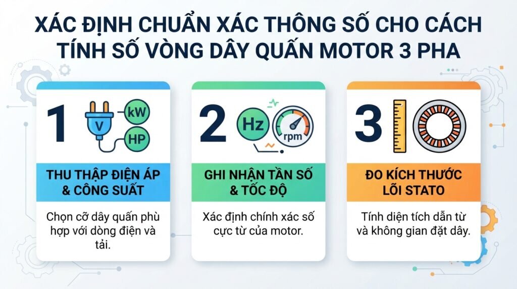 Xác định chuẩn xác thông số cho cách tính số vòng dây quấn motor 3 pha.