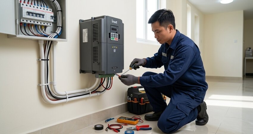 Xử lý lỗi điện và đảm bảo môi trường xung quanh an toàn điện là cách phổ biến khi biến tần gặp lỗi không khởi động được
