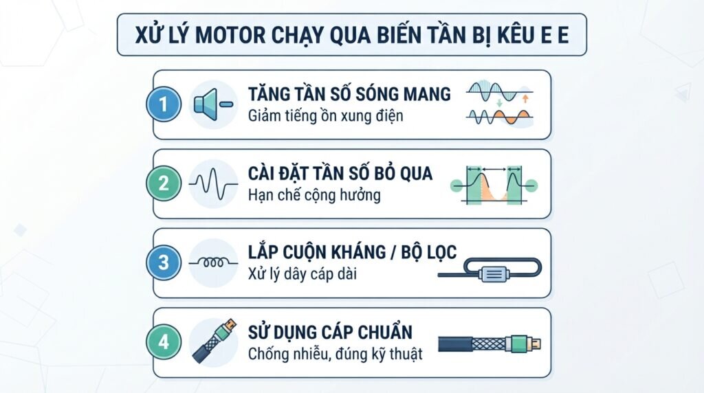 Xử lý motor chạy qua biến tần bị kêu e e
