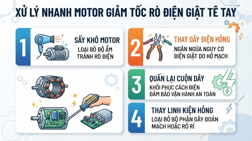 Xử lý nhanh Motor giảm tốc rò điện giật tê tay.