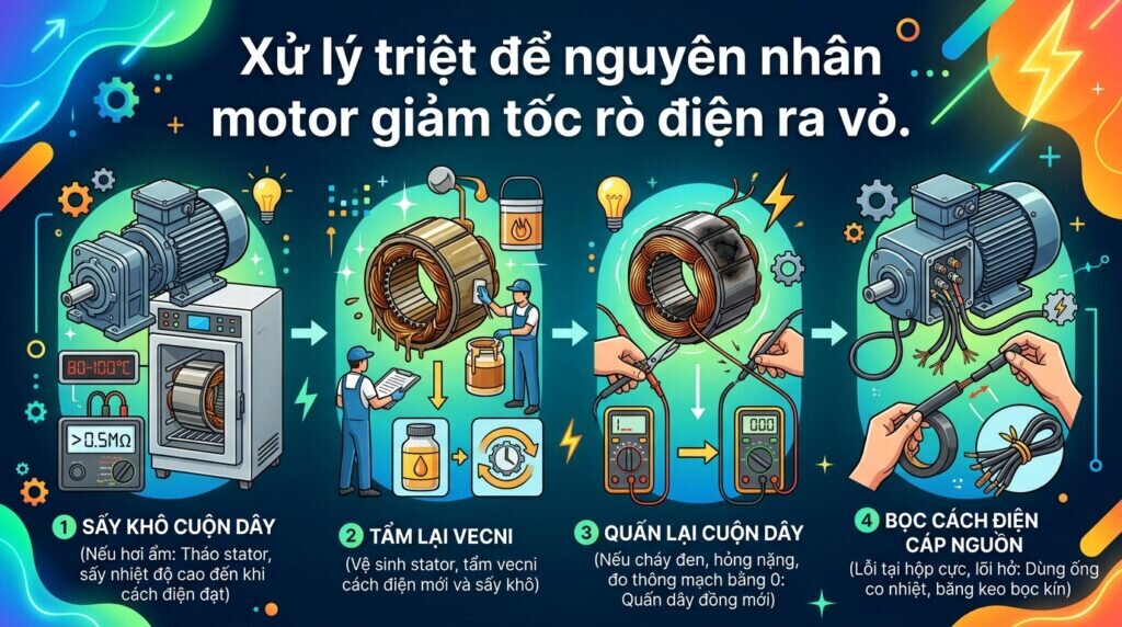 Xử lý triệt để nguyên nhân motor giảm tốc rò điện ra vỏ.