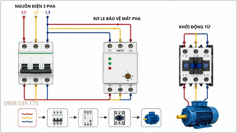Đấu dây L1, L2, L3 từ nguồn điện 3 pha qua rơ le bảo vệ trước khi cấp nguồn cho motor