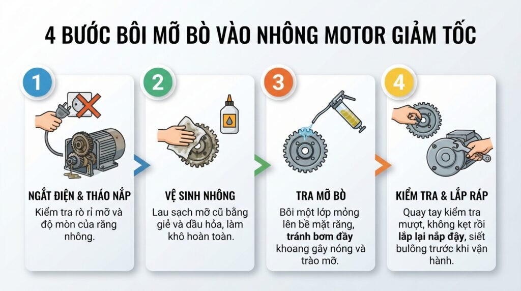 4 bước bôi mỡ bò vào nhông motor giảm tốc.
