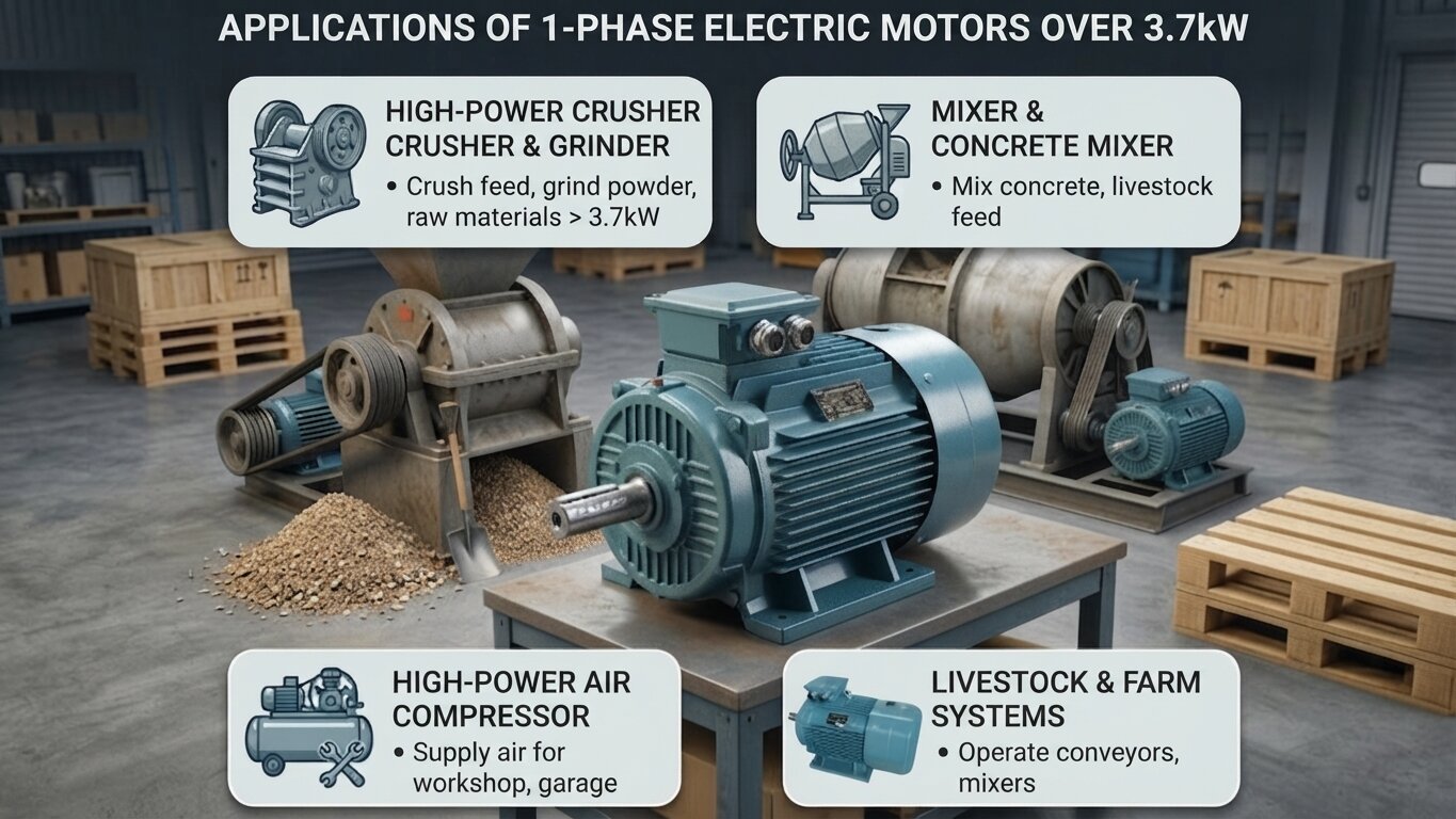 Applications of 1-Phase Electric Motors above 3.7kW.