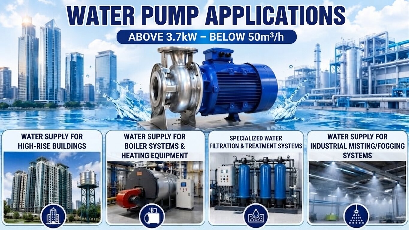 Applications of water pumps over 3.7kW under 50m3/h.