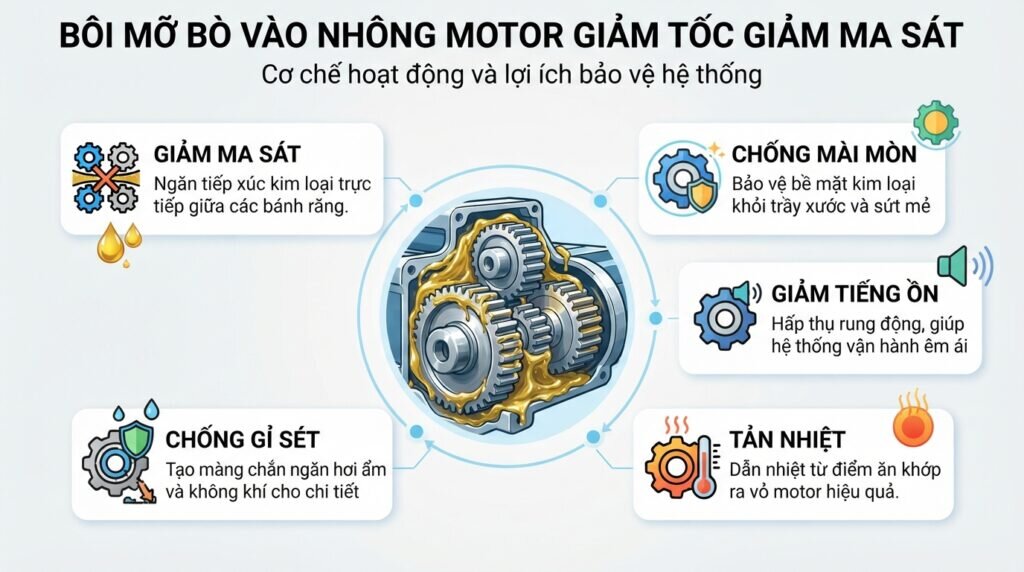 Bôi mỡ bò vào nhông motor giảm tốc giảm ma sát.