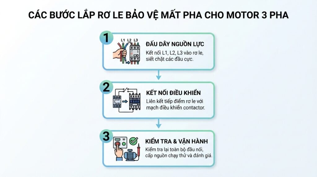 Các bước lắp rơ le bảo vệ mất pha cho motor 3 pha.