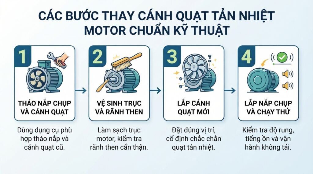 Các bước thay cánh quạt tản nhiệt motor chuẩn kỹ thuật.