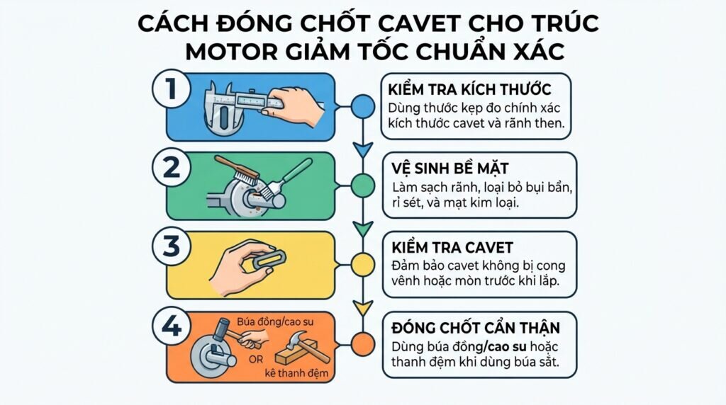 Cách đóng chốt cavet cho trục motor giảm tốc chuẩn xác.