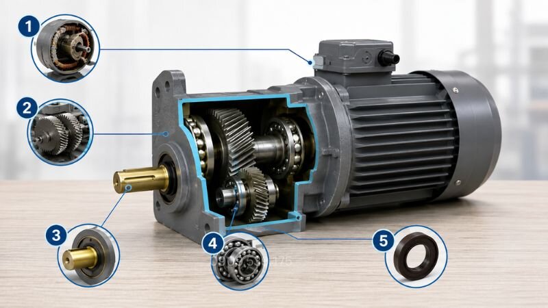 Các bộ phận chính cấu thành motor giảm tốc cốt ngang và chức năng của từng chi tiết