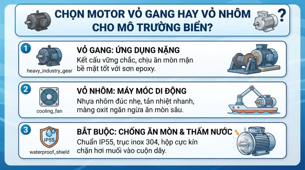 Chọn motor vỏ gang hay vỏ nhôm cho môi trường biển?