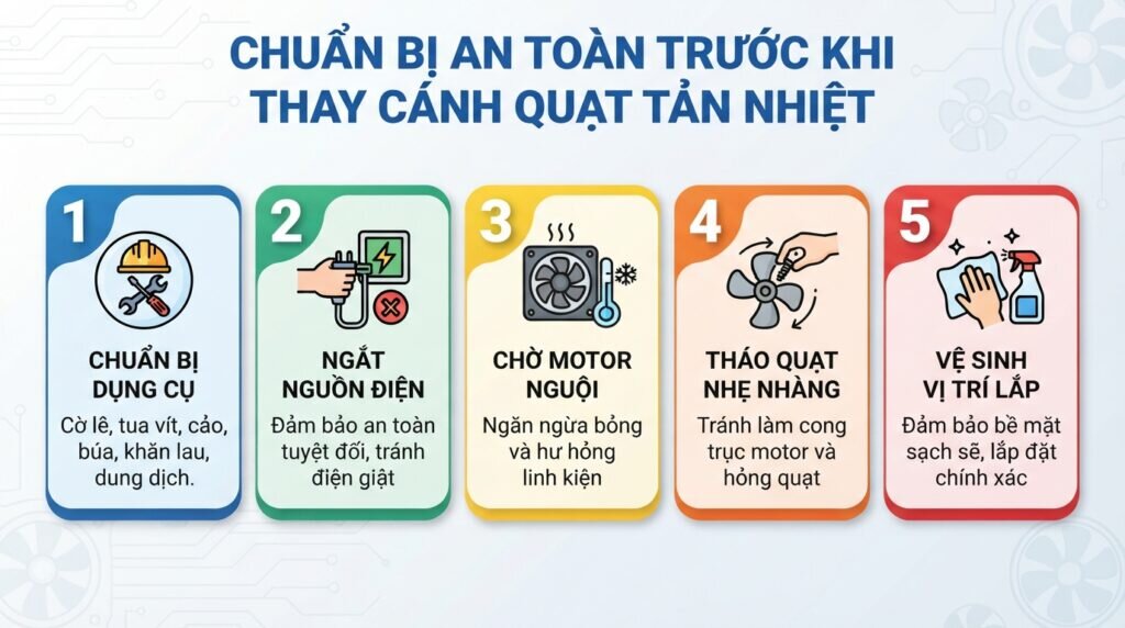 Chuẩn bị an toàn trước khi thay cánh quạt tản nhiệt.