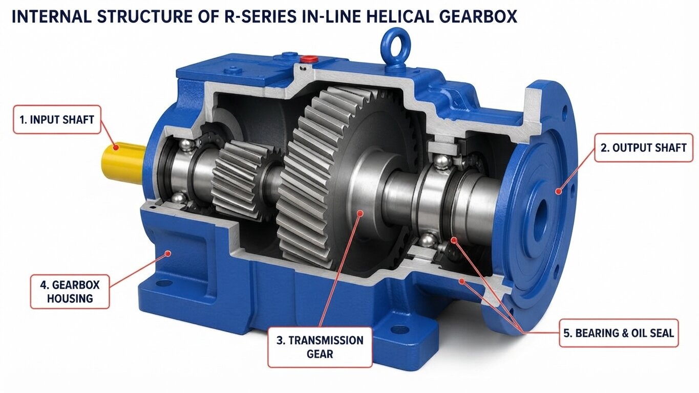 Detailed internal structure of the heavy duty R-series inline helical gearbox