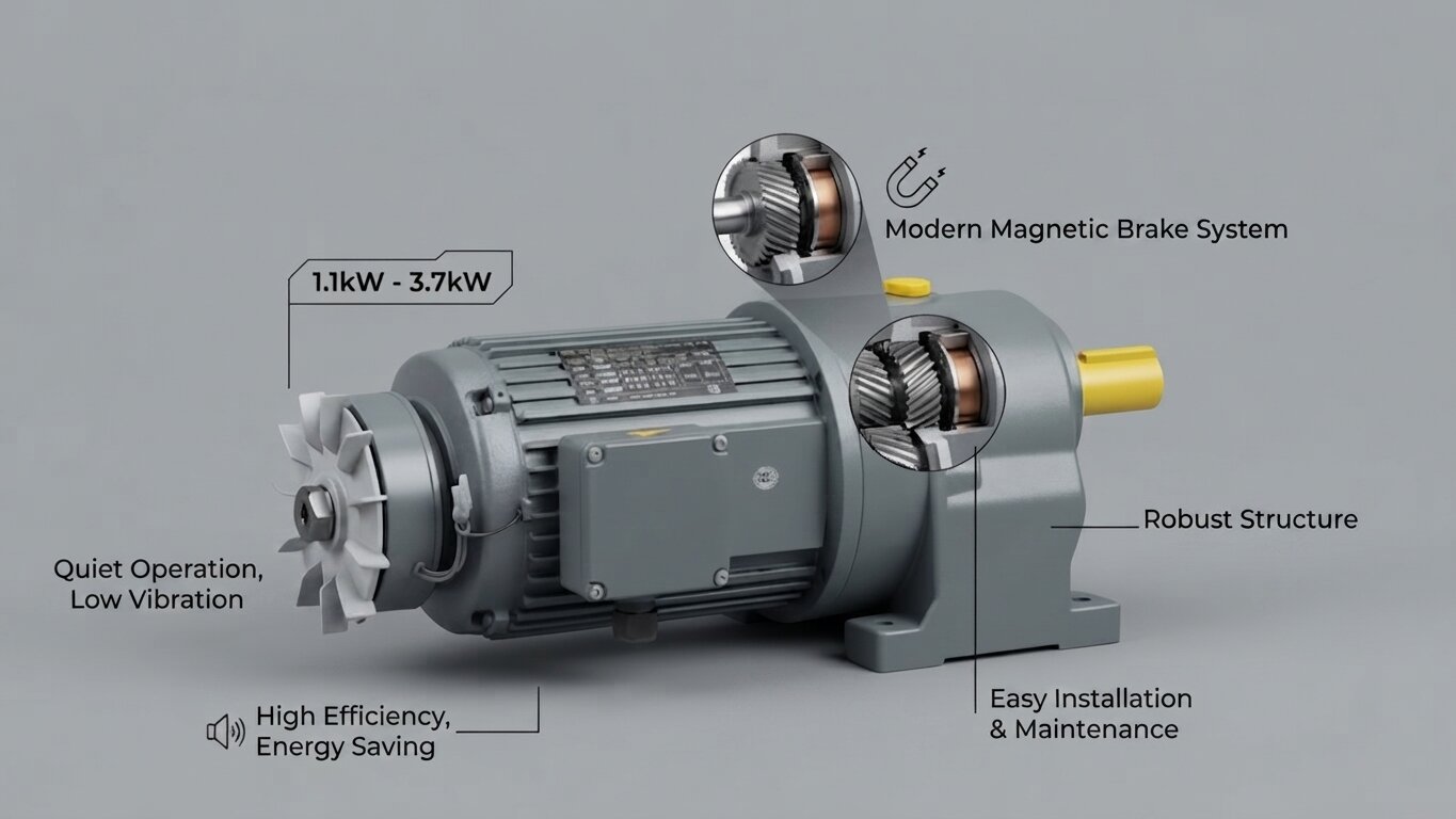 Key features of 1.1kW to 3.7kW gear motors with electromagnetic brakes