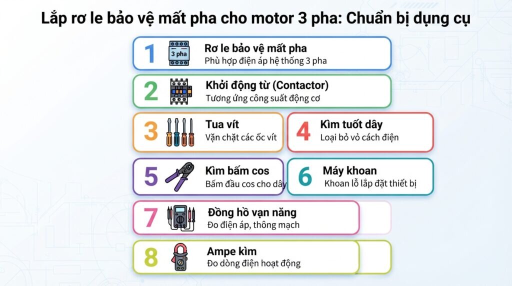 Lắp rơ le bảo vệ mất pha cho motor 3 pha: Chuẩn bị dụng cụ