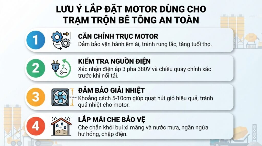 Lưu ý lắp đặt motor dùng cho trạm trộn bê tông an toàn.