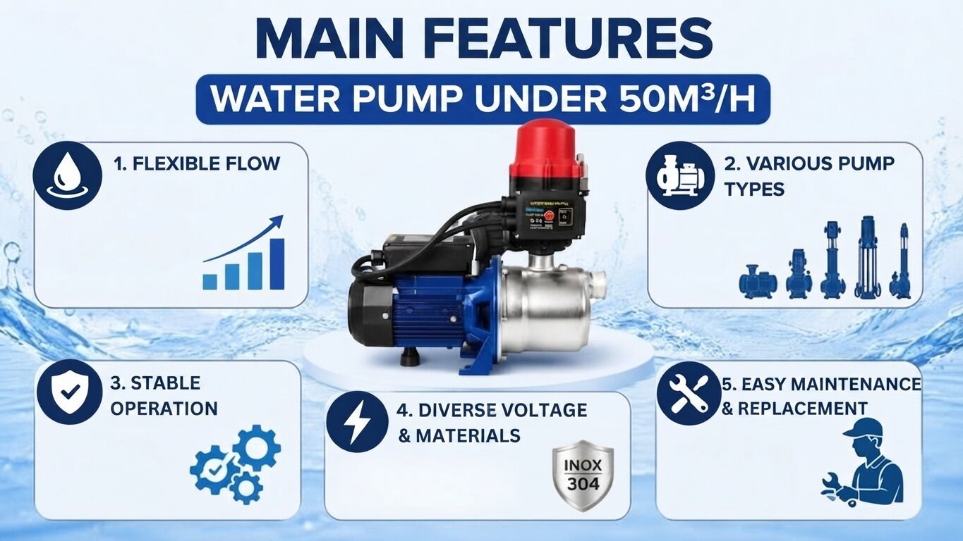 Main characteristics of water pumps under 50m³/h.