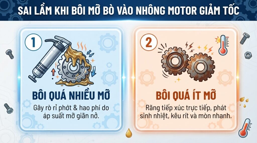 Sai lầm khi bôi mỡ bò vào nhông motor giảm tốc.