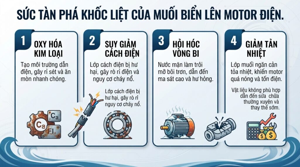 Sức tàn phá khốc liệt của muối biển lên motor điện.