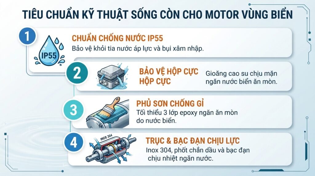 Tiêu chuẩn kỹ thuật sống còn cho motor vùng biển.