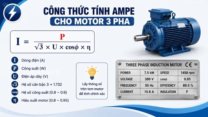 Các yếu tố cần có để xác định dòng điện và đánh giá mức tải của motor 3 pha