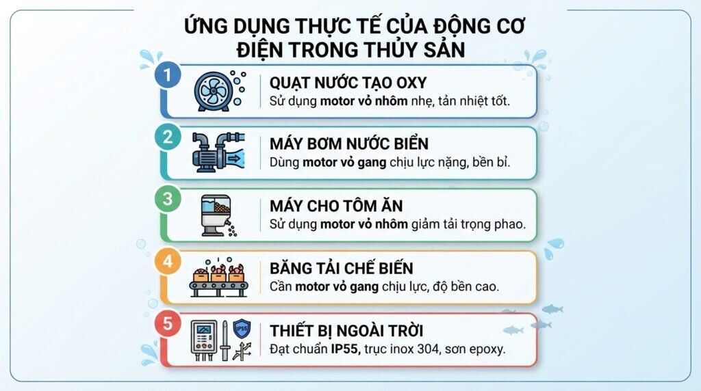 Ứng dụng thực tế của động cơ điện trong thủy sản.