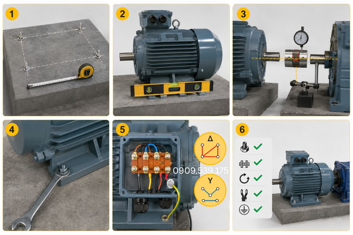 Quy trình lắp đặt gồm chuẩn bị bệ, cân bằng motor, căn chỉnh trục, siết bulông và đấu nối điện đúng kỹ thuật
