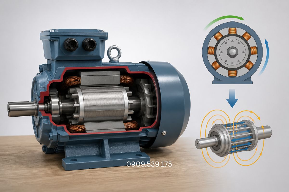 Từ trường quay trong stator tạo mô-men điện từ làm rotor quay và truyền chuyển động đến máy công tác
