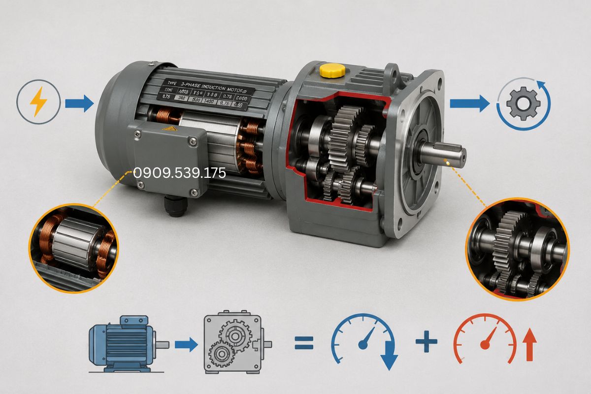 Motor truyền chuyển động đến hộp số để giảm tốc theo tỷ số truyền và tăng mô-men xoắn tại trục ra