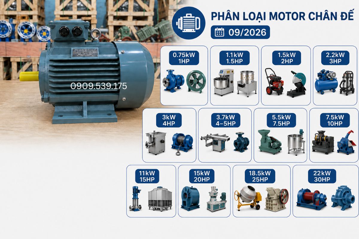 Các mức công suất motor chân đế đáp ứng nhiều nhóm tải từ thiết bị nhỏ đến hệ thống truyền động công nghiệp