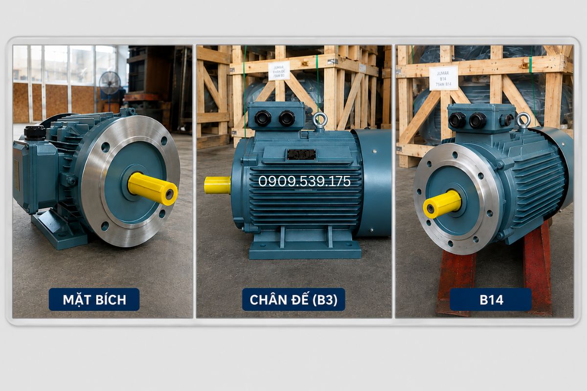 Motor 30kW gồm kiểu chân đế B3, mặt bích B5/B14 và kết hợp B35 cho các vị trí lắp đặt khác nhau